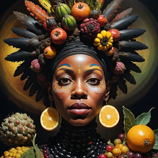 Prompt: create an abstract expressionistic version of an Giuseppe Arcimboldo painting of a black woman
