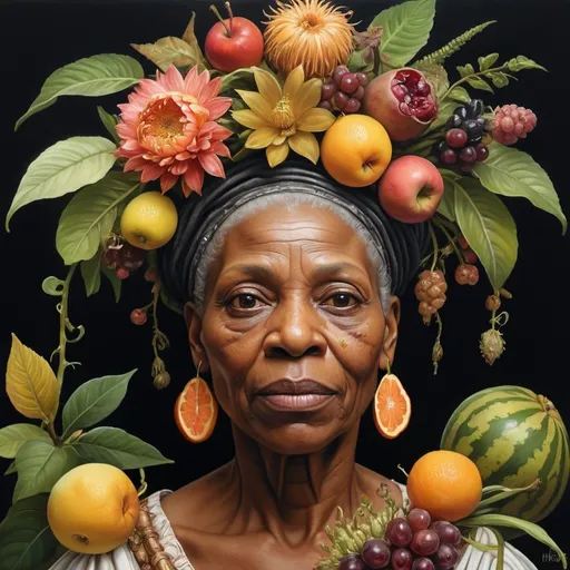 Prompt: create a Realism version of an Giuseppe Arcimboldo Flora painting of a old black woman with non-classical facial features
