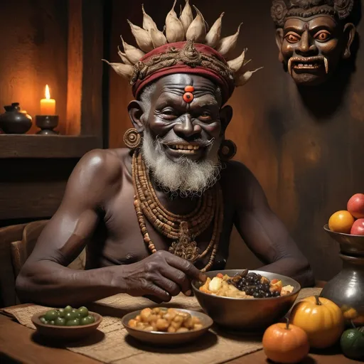 Prompt: create a rustic version of Mahakala as an older African man with non-classical facial features having dinner with Black Kali"  in the style of Giuseppe Arcimboldo 