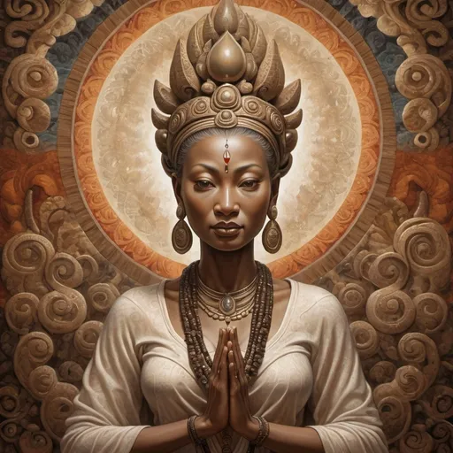 Prompt: create a Realism version of an John Biggers painting of AvAvalokiteśvara as an older black woman with non-classical facial features
