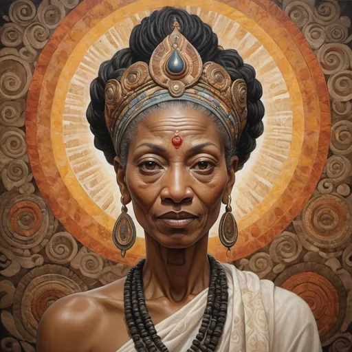 Prompt: 
create a Realism version of an John Biggers painting of AvAvalokiteśvara as an older black woman with non-classical facial features