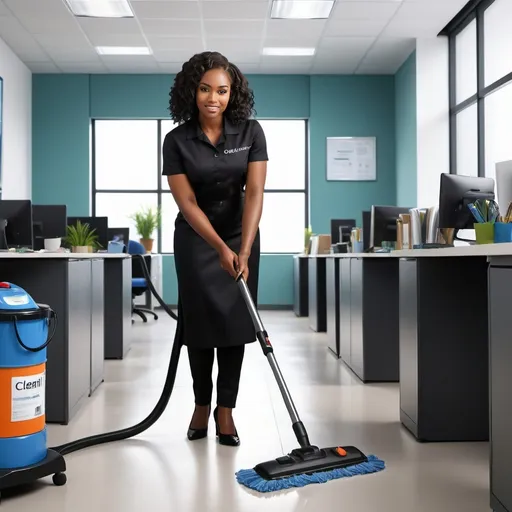 Prompt: A Beautiful black woman cleaning an office with cleaning with a mop and vacuumed cleaner shoerknvmmmWearing black uniform written Cleanit solutions in blue or green 