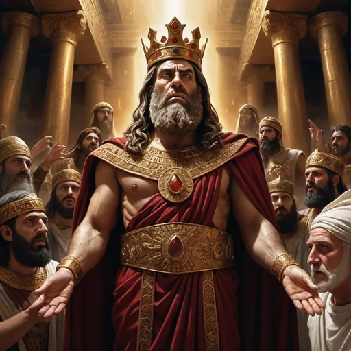 Prompt: hyper-realistic biblical king Nebuchadnezzar, surrounded by his Chaldean magicians the magicians looking scared, fantasy character art, illustration, dnd, warm tone