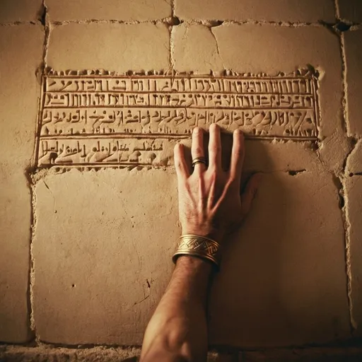 Prompt: a hand with no arm with a scribe writing in Hebrew on the wall , Your kingdom has fallen”  with the king watching, circa 400 BC,  in the style of Guy Aroch