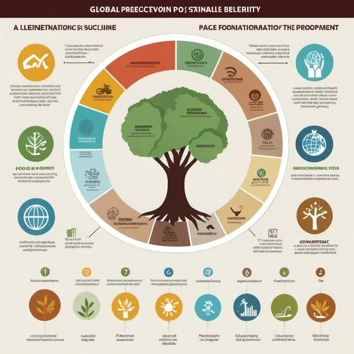 Prompt: {
  "prompt": "A linear timeline infographic titled 'Soils: The Foundation of Sustainable Development'. The top has a header with an image of soil and roots. The left column features icons and brief descriptions for 'People' (Family icon, 'Food Security & Livelihoods'), 'Prosperity' (Coins icon, 'Economic Growth & Poverty Reduction'), 'Planet' (Tree icon, 'Climate Mitigation & Biodiversity'), 'Peace' (Peace Symbol icon, 'Conflict Prevention & Resource Management'), and 'Partnership' (Globe with Network icon, 'Global Cooperation & Knowledge Sharing'). The right column includes visual elements: a graph for improved crop yields (People), an infographic of increased GDP (Prosperity), a pie chart for carbon sequestration (Planet), a map showing reduced conflicts (Peace), and a diagram of international projects (Partnership). The bottom has a call to action with a quote or statistic on the importance of soils in achieving the SDGs. The color scheme uses vibrant colors to differentiate each section while keeping a cohesive look.",
  "size": "1792x1024"
}
