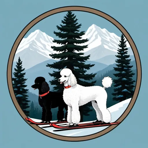 Prompt: I need your help creating a family seal. It should be a round image, have a smaller white poodle and a slightly larger black poodle. Mountains, greens, blues and trees should be in it, as well as a set of skis. 