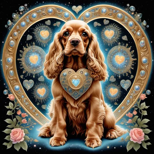 Prompt: Majestic cocker spaniel with divine grace and mystical allure dance together and make a heart, surrounded by shimmering aura, intricate symbols engraved into the form, in the style of James C. Christensen's "Animal Deity", capturing otherworldly beauty, captivating enchantment for the viewer, digital painting, ethereal masterpiece. Transparent background.