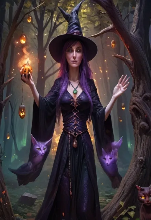 Prompt: A (witch being a witch) in <mymodel> artstyle, surrounded by a mystical forest, magical auras, black cat with green eyes, jack-o-lanterns. Our witch is wearing a emerald green dress, red hair, and beautiful green eyes like my model. Lightning and storm clouds in the air behind our witch. 