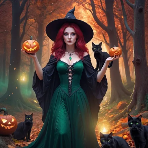 Prompt: A (witch being a witch) in <mymodel> artstyle, surrounded by a mystical forest, magical auras, black Halloween cats, jack-o-lanterns. Witch is wearing a emerald green dress and red hair like my model. she is the autumn queen.