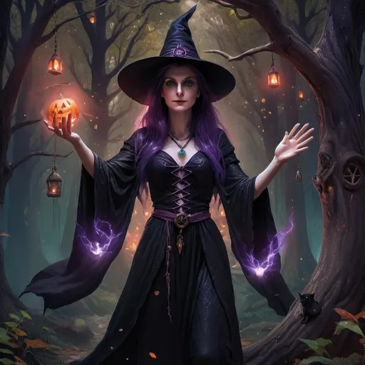 Prompt: A (witch being a witch) in <mymodel> artstyle, surrounded by a mystical forest, magical auras, black cat with green eyes, jack-o-lanterns. Our witch is wearing a emerald green dress, red hair, and beautiful green eyes like my model. Lightning and storm clouds in the air behind our witch. 