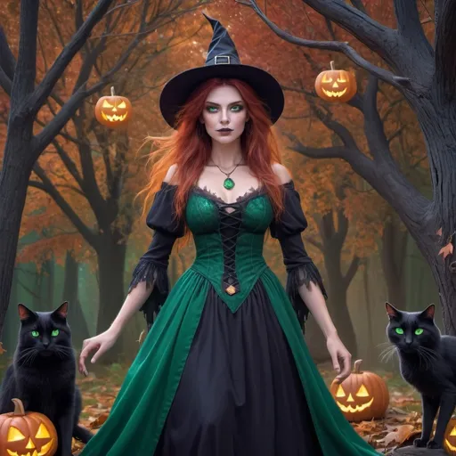 Prompt: A (witch being a witch) in <mymodel> artstyle, surrounded by a mystical forest, magical auras, black cat with green eyes, jack-o-lanterns, scarecrows, and owls in the trees. Our witch is wearing a emerald green dress, red hair, and beautiful green eyes like my model. She is the autumn queen. The setting is midnight on halloween night and their is lightning and storm clouds in the air behind our witch. 