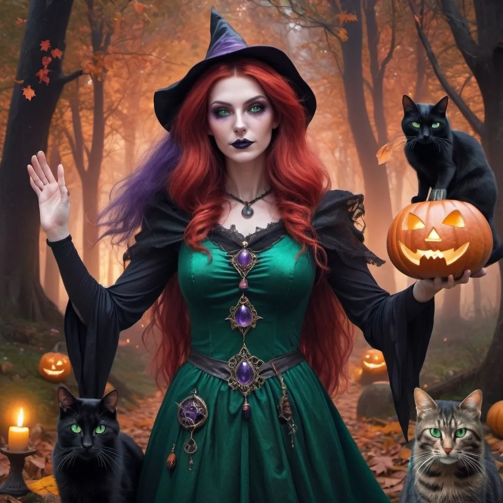 Prompt: A (witch being a witch) in <mymodel> artstyle, surrounded by a mystical forest, magical auras, black Halloween cats, jack-o-lanterns. Witch is wearing a emerald green dress and red hair like my model. she is the autumn queen.