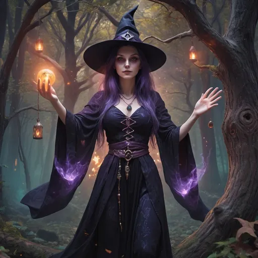 Prompt: A (witch being a witch) in <mymodel> artstyle, surrounded by a mystical forest, magical auras, sp...