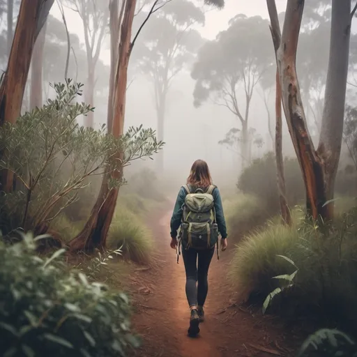 Prompt: a foggy morning in the australian bush
a woman hiking carrying a bag