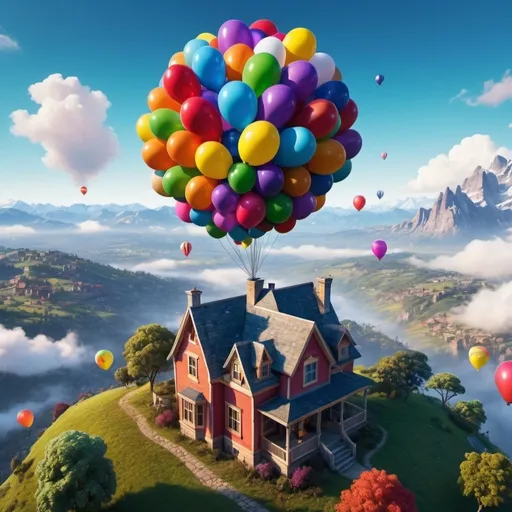 Prompt: (balloon like in the movie Up), photorealistic, vibrant colors, dramatic lighting, whimsical and adventurous atmosphere, highly saturated skies, floating with hundreds of colorful balloons, detailed house textures, scenic landscape background with lush forests and mountains, ultra-detailed textures, HD, 4K, high depth, cinematic masterpiece