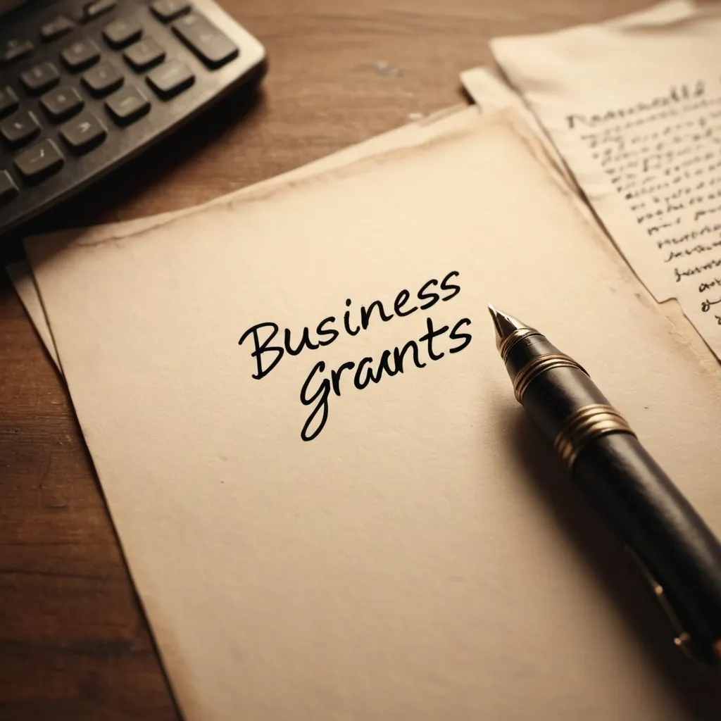 Prompt: (A paper sheet with a pen writing the words "business grants"), close-up, vintage, aged texture, ink smudges, handwritten font, soft warm lighting, nostalgic atmosphere, office desk background, creative process, motivational, tidy but informal, realistic details, high resolution, 4K, ultra-detailed, artful composition.