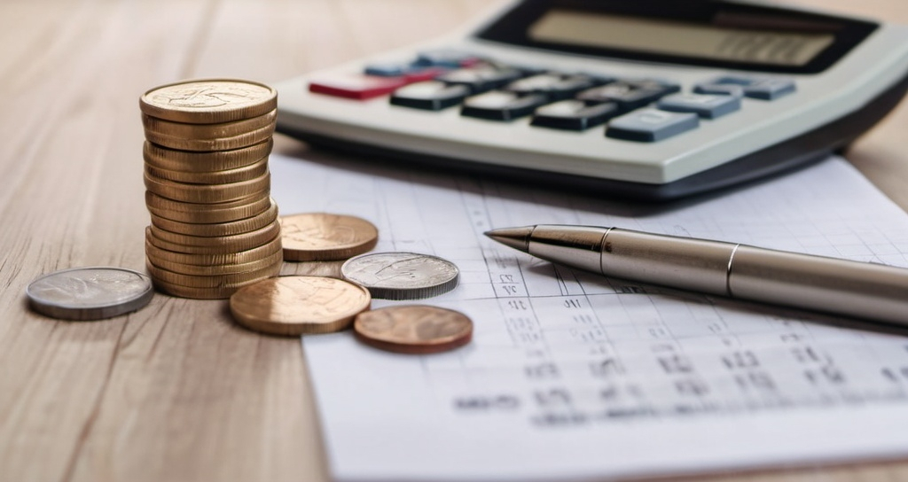 Prompt: (pen and coins on a table next to a calculator), Andries Stock style, les automatistes, shallow depth of field, (stock photo), high contrast, muted color palette, soft lighting, professional atmosphere, detailed textures, wooden table, rustic background, realistic render, HD quality, ultra-detailed, 4K resolution, dramatic shadows