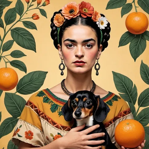 Prompt: Create a 1970s Style Image Featuring Frida Kahlo
Background and Setting:

Color Palette: Use warm, earthy tones such as mustard yellow, burnt orange, olive green, and browns, reminiscent of the 1970s.
Pattern: Incorporate retro patterns like paisley, geometric shapes, or floral motifs in the background.
Scene Setting: Place Frida Kahlo in a cozy, vintage living room or a lush, bohemian garden. Include 1970s elements like macramé hangings, vintage furniture, or large, leafy houseplants.
Frida Kahlo:

Outfit: Dress Frida in a traditional Mexican dress with vibrant colors and intricate embroidery. Add elements like a woven shawl or a beaded necklace.
Hair and Accessories: Style her hair in her iconic braided updo adorned with flowers, possibly with a touch of 1970s influence like a headband. Use large, statement earrings.
Expression: Capture her thoughtful, strong expression, reflecting her introspective nature.
Props:

Dachshund: Position a small dachshund in her arms or by her side, looking affectionate and content.
Oranges: Have her holding a couple of bright, juicy oranges. You can place some additional oranges in a bowl or scattered around to enhance the scene.
Artistic Style:

Technique: Use a mix of realistic and slightly abstract elements, typical of 1970s art. You can add a grainy texture or a slight sepia tone to give it a vintage feel.
Lighting: Use soft, warm lighting to create a nostalgic and inviting atmosphere.