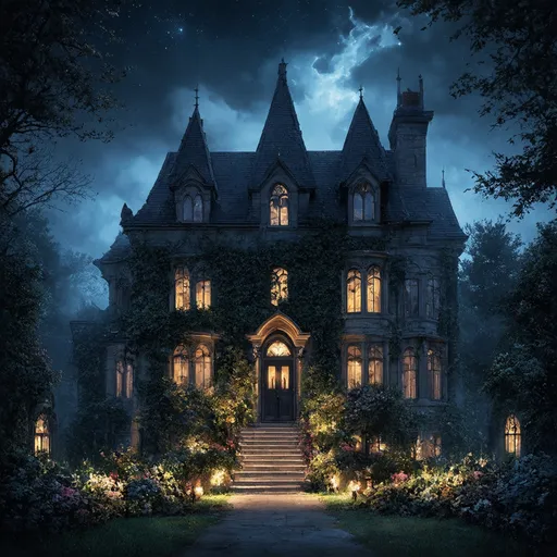 Prompt: Create a dramatic and enchanting illustration of a grand, gothic mansion known as Keyhouse, standing tall amidst a twilight setting. The mansion’s towering spires and ivy-clad stone walls should loom against a backdrop of a misty, star-speckled sky. The estate is shrouded in an ethereal, early morning mist, with long, intricate shadows cast across sprawling, mystical gardens that bloom with glowing, otherworldly flora. Sentient gargoyles and mischievous faeries can be seen flitting through the shadows, adding a touch of magic and mystery.

In the foreground, focus on the mansion’s imposing front steps where the Barnavelt family—Jonathan (adult), Lewis (child), and Mallory (child)—stand with welcoming expressions. They are contrasted by the dark, foreboding structure of Keyhouse behind them. The Lockes’ car, a symbol of their arrival, is parked on the gravel path, and the family members—Nina (adult), Tyler (child), Kinsey (child), Simon (child), Jared (child), and Bode (Child)—are depicted stepping out, their faces a mixture of curiosity, grief, and wonder.

Ensure the overall mood of the image conveys a sense of both welcome and foreboding, inviting viewers to explore the mysteries and magical elements of Keyhouse.