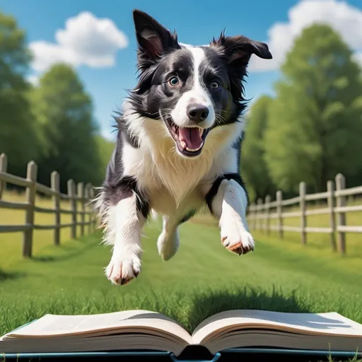 Prompt: Create a front cover for a journal featuring a border collie
 going over a jump
