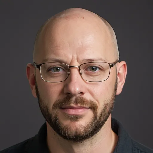 Prompt: head shot of completely bald white male with brown beard and glasses