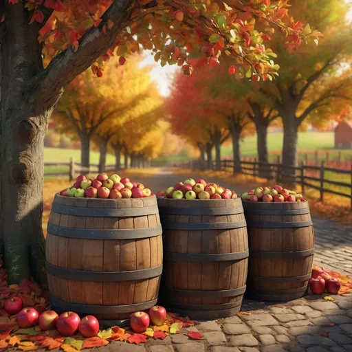 Prompt: (fall-themed barrels filled with apples), vibrant autumn colors, golden leaves, soft warm lighting, cozy atmosphere, scattered leaves on the ground, wooden barrels overflowing with red and green apples, rustic setting, countryside background, crisp air, gently falling leaves, ultra-detailed, high definition, 4K photography, photorealistic, perfect for seasonal promotions, inviting and nostalgic mood.