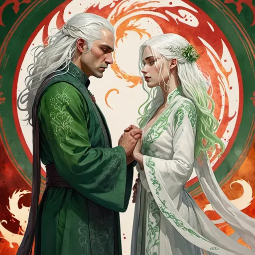 Prompt: digital watercolor painting, paint splatter, bold brush strokes, art nouveau, a targaryen wedding, semi-long white hair, detailed ornate cloth robes, royal, realistic, green and white, hate each other, drama, blood and fire wedding ritual