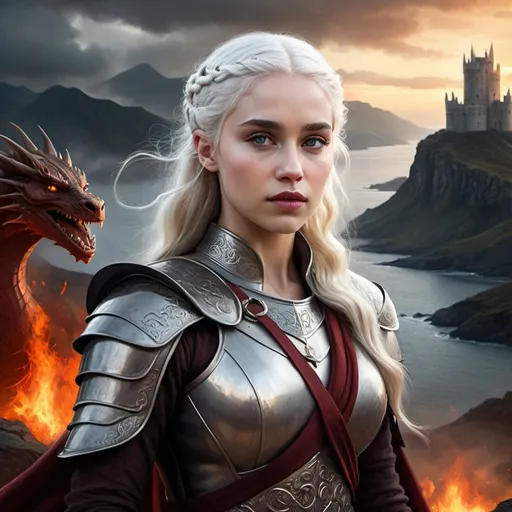 Prompt: fantasy realistic mystic painting of warrior queen Visenya Targaryen, dramatic scenery, dragons, medieval, game of thrones theme