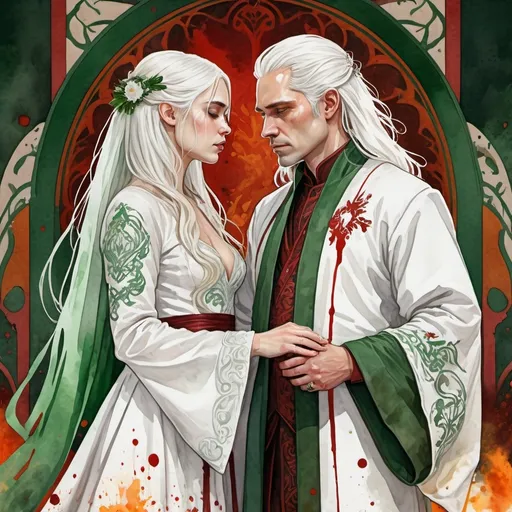 Prompt: digital watercolor painting, paint splatter, bold brush strokes, art nouveau, a targaryen wedding, semi-long white hair, detailed ornate cloth robes, royal, realistic, green and white, hate each other, drama, blood and fire wedding ritual,  fantasy, betrayal