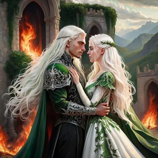 Prompt: realistic fantasy painting of a wedding couple, two Targaryens, woman with long white hair, man with a semi-long white hair, wearing green and black detailed ornate medievel gowns, fire and blood wedding ritual, forbidden love, dramatic scenery