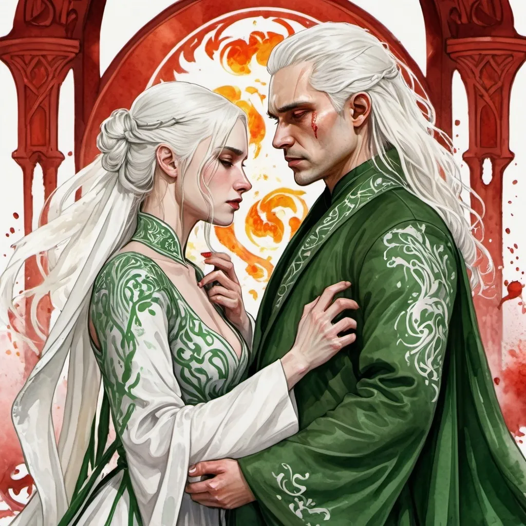 Prompt: digital watercolor painting, paint splatter, bold brush strokes, art nouveau, a targaryen wedding, semi-long white hair, detailed ornate cloth robes, royal, realistic, green and white, hate each other, drama, blood and fire wedding ritual,  fantasy, Visenya stabbing Aemond