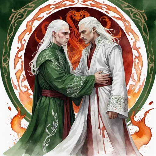 Prompt: digital watercolor painting, paint splatter, bold brush strokes, art nouveau, two targaryens, semi-long white hair, detailed ornate cloth robes, royal, realistic, green and white, hate each other, drama, blood and fire,  fantasy, Visenya stabbing Aemond