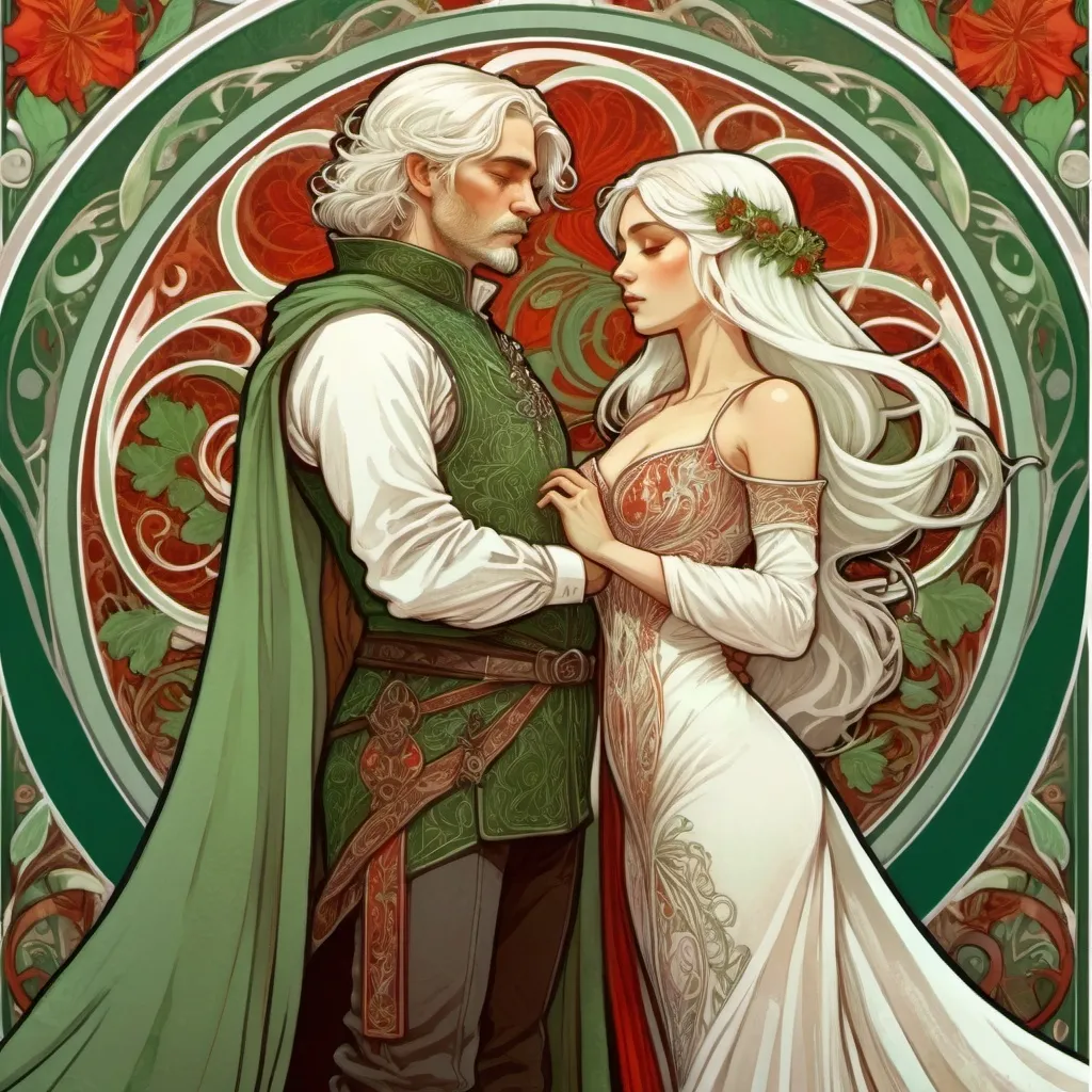 Prompt: Alphonse Mucha Style, art nouveau illustration of a full body man and woman, thick lines, intricate details, beautiful colors, targaryen wedding, green and white and red colours, semi-long white hair, wedding ritual, fire and blood, details, medieval royal gowns, ornate