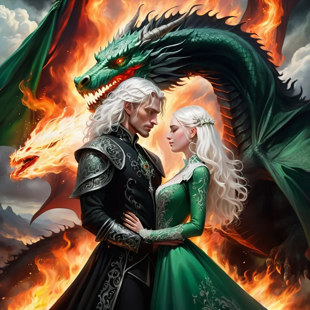 Prompt: realistic fantasy painting of a wedding ritual between two Targaryens, woman with white hair, man with a semi-long white hair, wearing green and black detailed ornate medievel gowns, fire and blood ritual, forbidden impossible love, dramatic scenery, powerful lighting, dragon