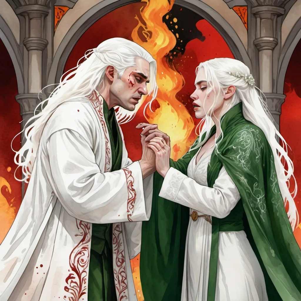 Prompt: digital watercolor painting, paint splatter, bold brush strokes, art nouveau, a targaryen wedding, semi-long white hair, detailed ornate cloth robes, royal, realistic, green and white, hate each other, drama, blood and fire wedding ritual,  fantasy, angry argument