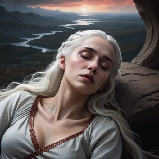 Prompt: fantasy realistic mystic painting of Visenya Targaryen dying, dramatic scenery