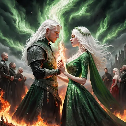 Prompt: realistic fantasy painting of a wedding ritual between two Targaryens, woman with white hair, man with a semi-long white hair, wearing green and black detailed ornate medievel gowns, fire and blood ritual, forbidden impossible love, dramatic scenery, powerful lighting