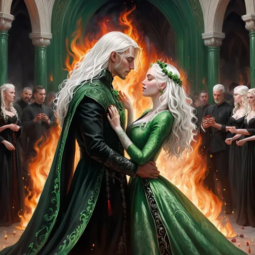 Prompt: realistic fantasy painting of a wedding ritual between two Targaryens, woman with white hair, man with a semi-long white hair, wearing green and black detailed ornate medievel gowns, fire and blood ritual, forbidden impossible love, celebration hall, a ritual dance, intimite ceremony