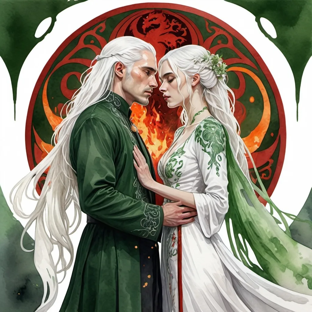 Prompt: digital fantasy realistic watercolor painting, paint splatter, bold brush strokes, art nouveau, a targaryen wedding, semi-long white hair, detailed ornate cloth robes, royal, realistic, green and white, hate each other, drama, blood and fire wedding ritual