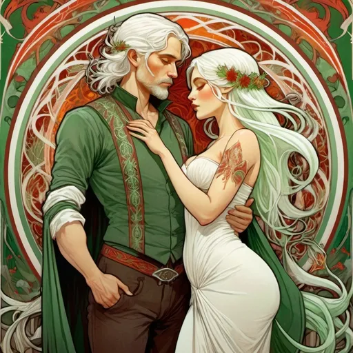 Prompt: Alphonse Mucha Style, art nouveau illustration of a full body man and woman, thick lines, intricate details, beautiful colors, targaryen wedding, green and white and red colours, semi-long white hair, wedding ritual, fire and blood, details