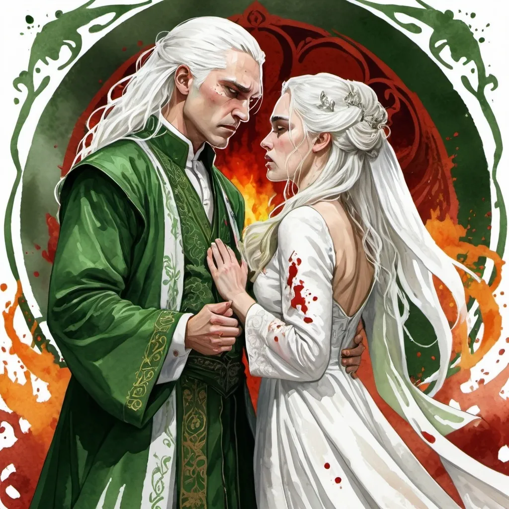 Prompt: digital watercolor painting, paint splatter, bold brush strokes, art nouveau, a targaryen wedding, semi-long white hair, detailed ornate cloth robes, royal, realistic, green and white, hate each other, drama, blood and fire wedding ritual,  fantasy, angry argument, forced marriage