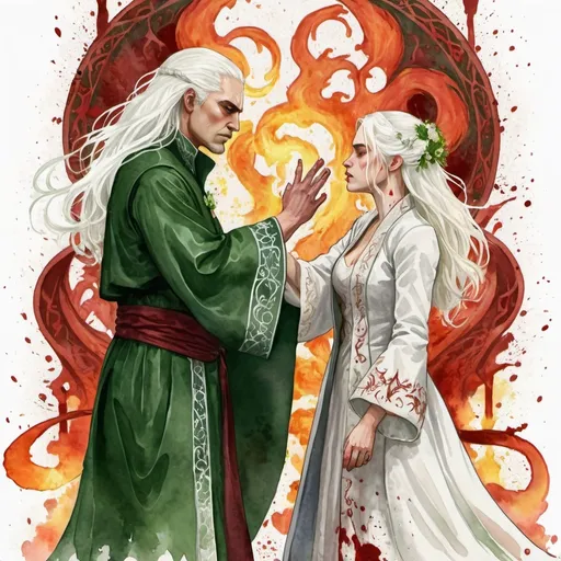 Prompt: digital watercolor painting, paint splatter, bold brush strokes, art nouveau, a targaryen wedding, semi-long white hair, detailed ornate cloth robes, royal, realistic, green and white, hate each other, drama, blood and fire wedding ritual,  fantasy, angry argument