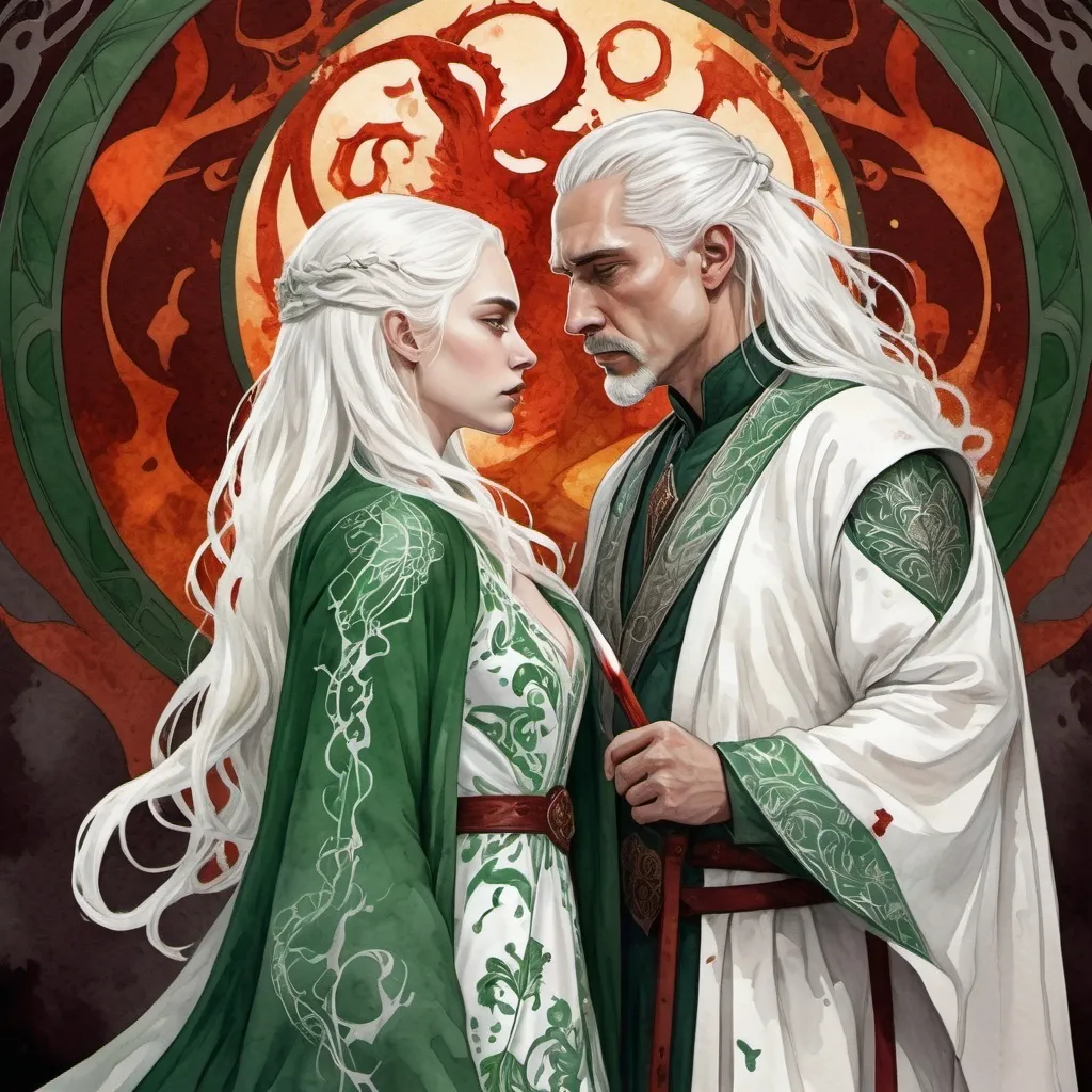 Prompt: digital watercolor painting, paint splatter, bold brush strokes, art nouveau, two targaryens, king ad queen, semi-long white hair, detailed ornate cloth robes, royal, realistic, green and white, hate each other, drama, blood and fire,  fantasy, stabbing