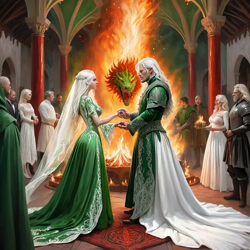 Prompt: realistic fantasy painting of a wedding ritual between two Targaryens, woman with white hair, man with a semi-long white hair, wearing green and white detailed ornate medievel gowns, fire and blood ritual, forbidden impossible love, celebration hall, a ritual dance, intimite ceremony