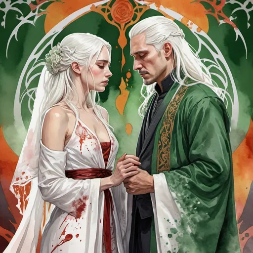 Prompt: digital watercolor painting, paint splatter, bold brush strokes, art nouveau, a targaryen wedding, semi-long white hair, detailed ornate cloth robes, royal, realistic, green and white, hate each other, drama, blood and fire wedding ritual,  fantasy, betrayal