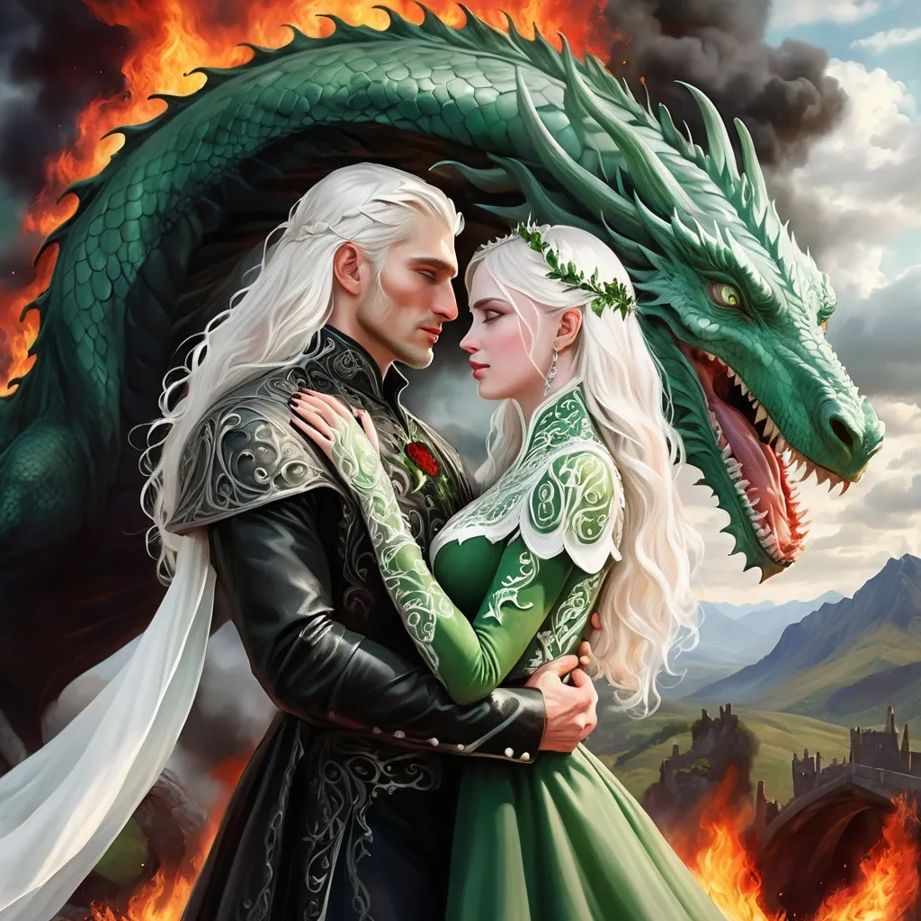 Prompt: realistic fantasy painting of a wedding couple, two Targaryens, woman with white hair, man with a semi-long white hair, wearing green and black detailed ornate medievel gowns, fire and blood wedding ritual, forbidden love, dramatic scenery, dragons