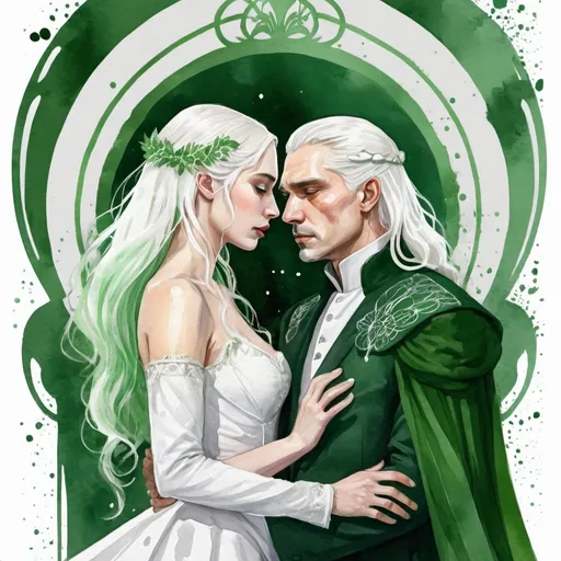 Prompt: digital watercolor painting, paint splatter, bold brush strokes, art nouveau, targaryen, king and queen, semi-long white hair, realistic, green and white, hate each other, wedding night