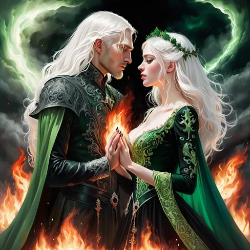 Prompt: realistic fantasy painting of a wedding ritual between two Targaryens, woman with white hair, man with a semi-long white hair, wearing green and black detailed ornate medievel gowns, fire and blood ritual, forbidden impossible love, dramatic scenery, powerful lighting