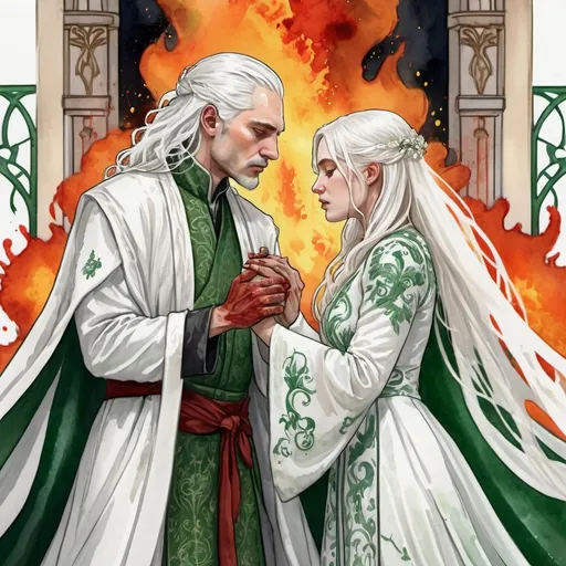 Prompt: digital watercolor painting, paint splatter, bold brush strokes, art nouveau, a targaryen wedding, semi-long white hair, detailed ornate cloth robes, royal, realistic, green and white, hate each other, drama, blood and fire wedding ritual,  fantasy realistic, detail, fire