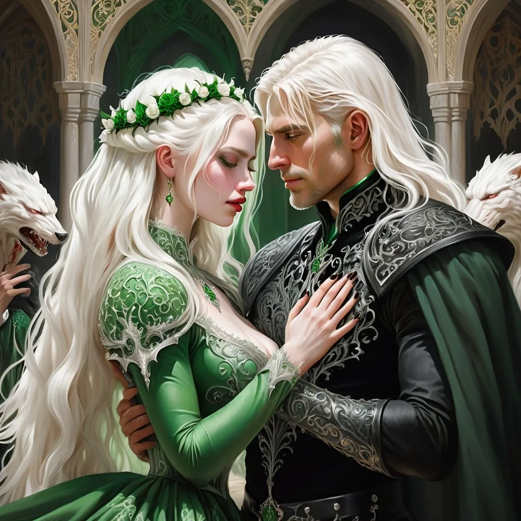 Prompt: realistic fantasy painting of a wedding ritual between two Targaryens, woman with white hair, man with a semi-long white hair, wearing green and black detailed ornate medievel gowns, forbidden impossible love, dramatic scene, woman bleeding in man's arms